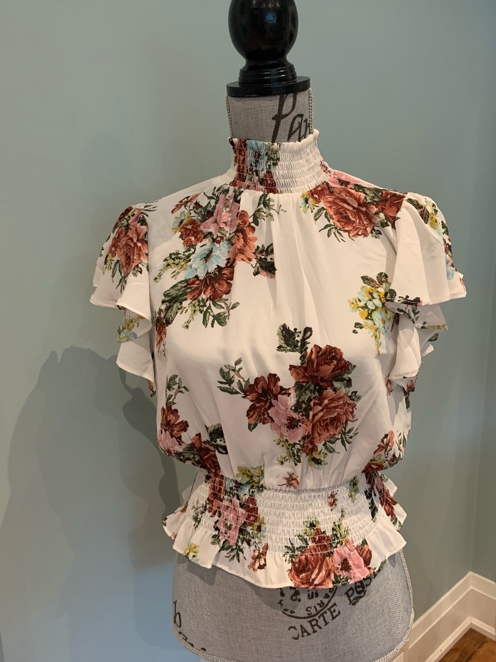 Floral Smocked High-Neck Women Top - White with Rose Print